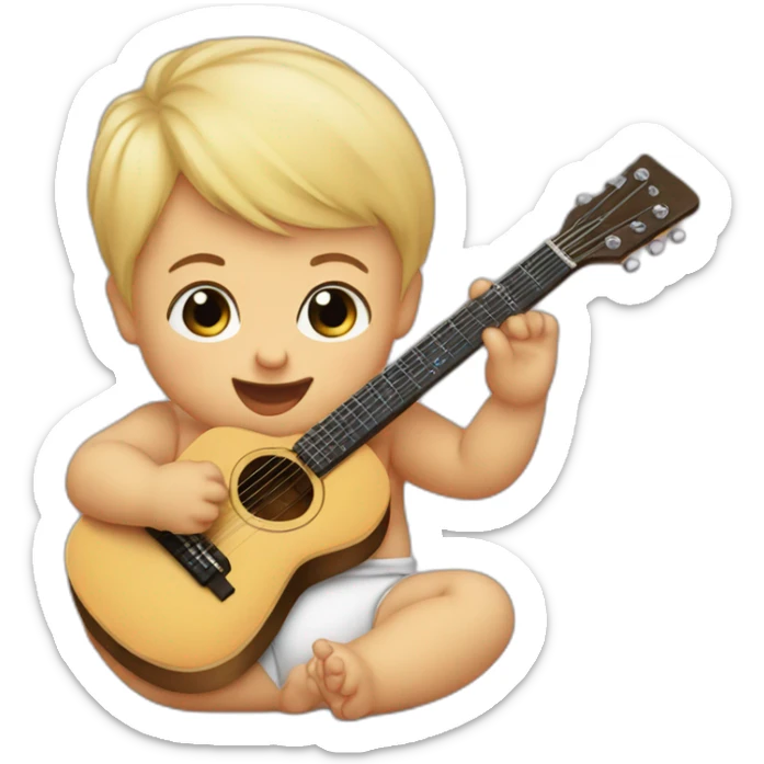 a 1-year-old baby, blond and with little hair, in diapers, playing a mini guitar sticker