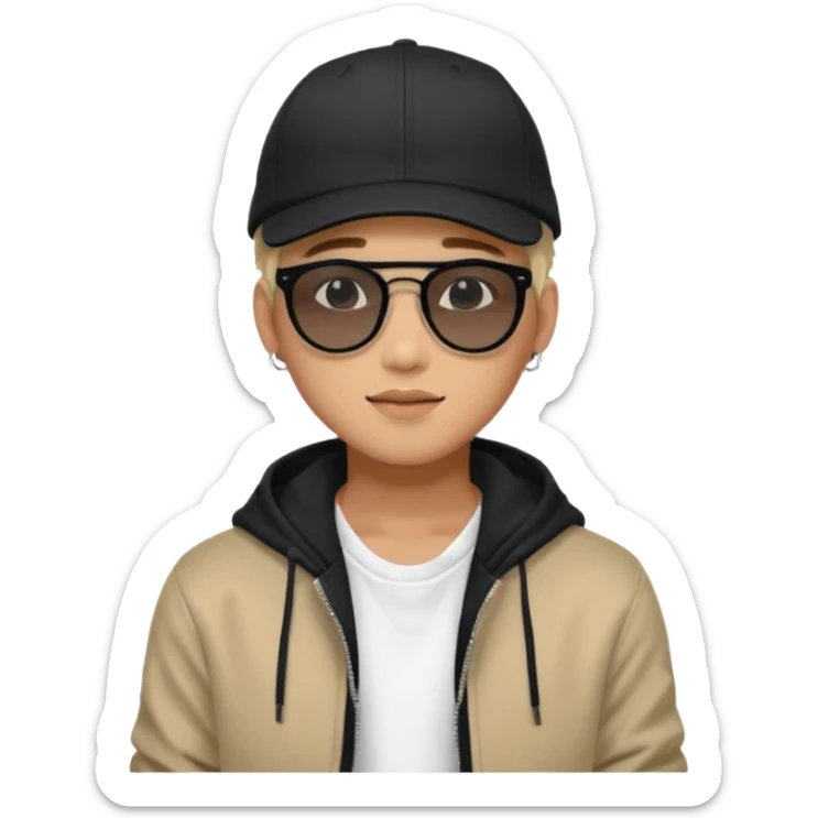 Portrait of a male K-pop idol, wearing a stylish streetwear outfit with layered clothing, makeup, wearing a black cap, happy, sunglasses sticker
