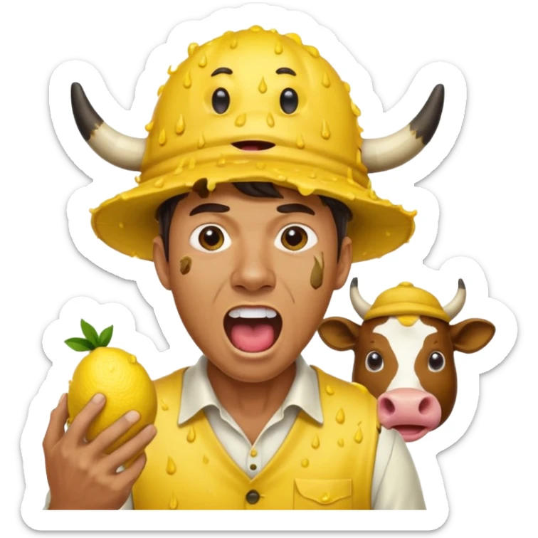 huge cow covered in poo half man screaming very loud made of lemons sticker