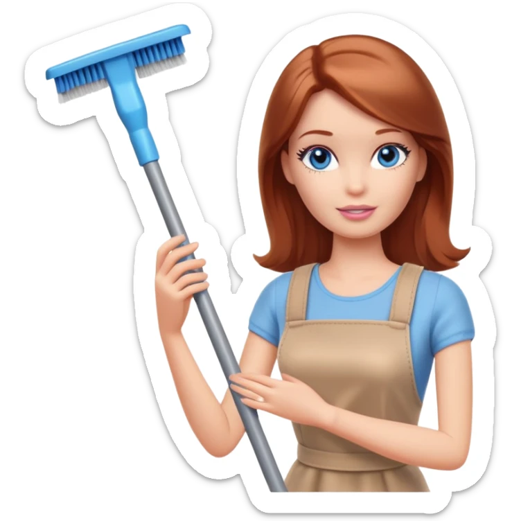 A Barbie girl with blue eyes, shoulder-length reddish-brown hair, made-up, and beige clothes is cleaning sticker