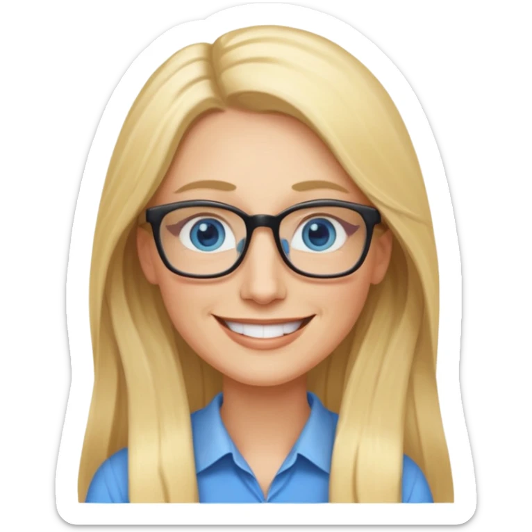 a 40 year old teacher with really long blonde hair and blue eyes long face smaller eyes smiling happy sticker