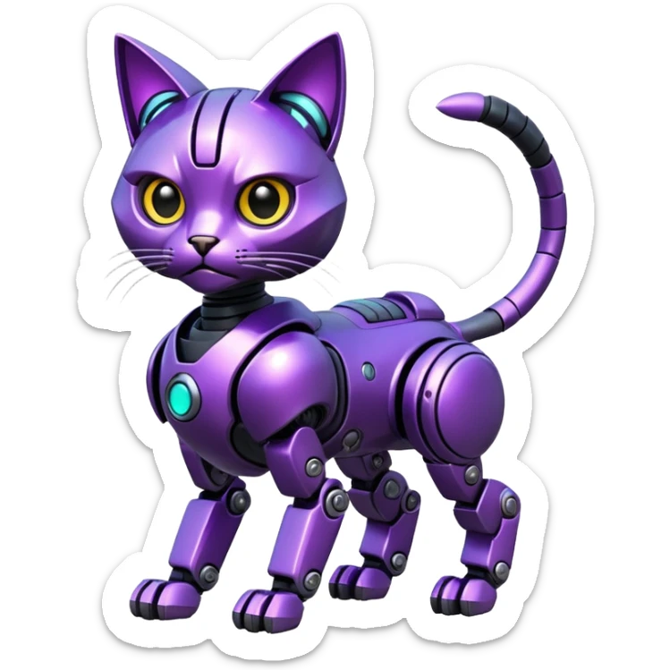 Black and purple futuristic shiny alloy modern realistic cool tough elegant sleek cyber-mecha-robo-cat (full body) sticker