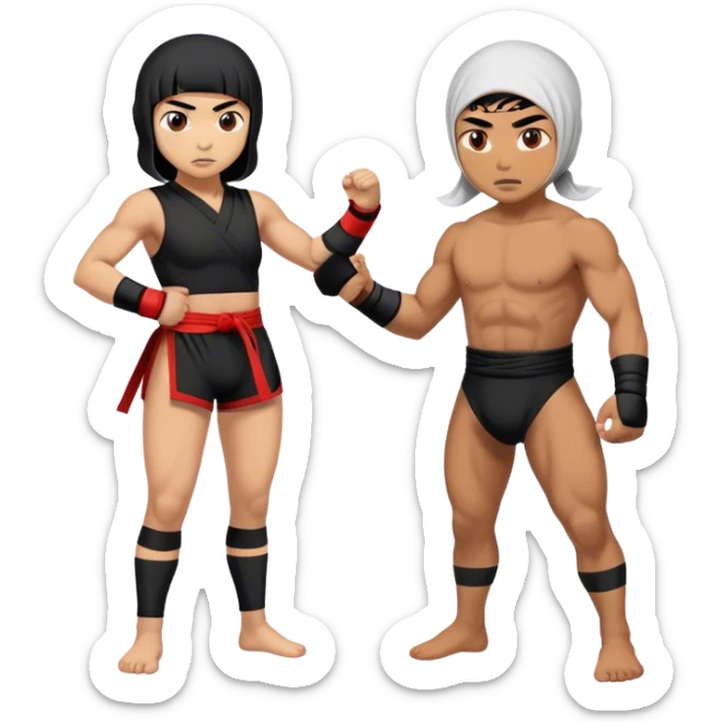 An asian ninja girl vs middle-east wrestling male fighter sticker