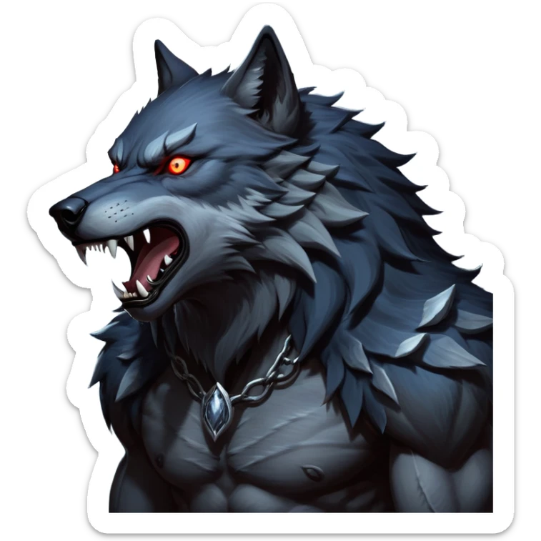 cinematic-noble-fierce-werewolf-howling-portrait-emoji, poised-and-imposing, with a fierce wolfish face tilted upwards in a haunting howl, glowing eyes full of primal ferocity, sharp, and a rugged snout, fur rippling in shades of midnight black and silver, muscles tensed as the powerful howl echoes beneath the moonlit sky; rendered with realism, capturing the raw, untamed power of the beast in its wild, primal state sticker