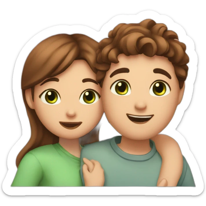 Girl with brown eyes and brown hair kisses boy with brown hair and green eyes and hugs brown fat cats sticker