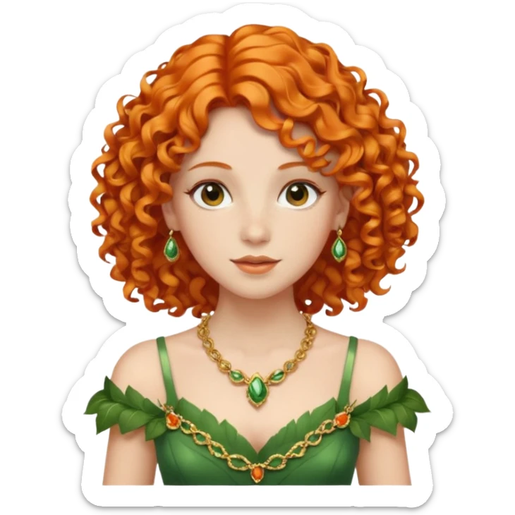orange curly hair beautiful princess full body in leafy green dress elegant sticker