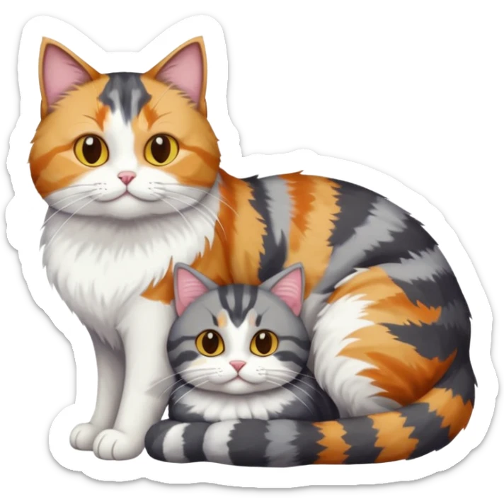 full body colourful light patched calico + white tabby cat cuddling a big dark grey and white tabby cat  sticker
