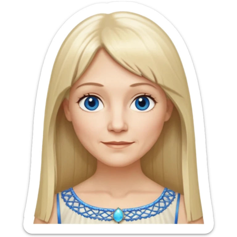 50 yr old white woman, hippie parted very long hair, short bangs, very long straight blond hair, oval face, small smile, blue eyes, thin face, hair downback, hair parted at center of head, round cheeks, pale, longer hair, white evening dress sticker