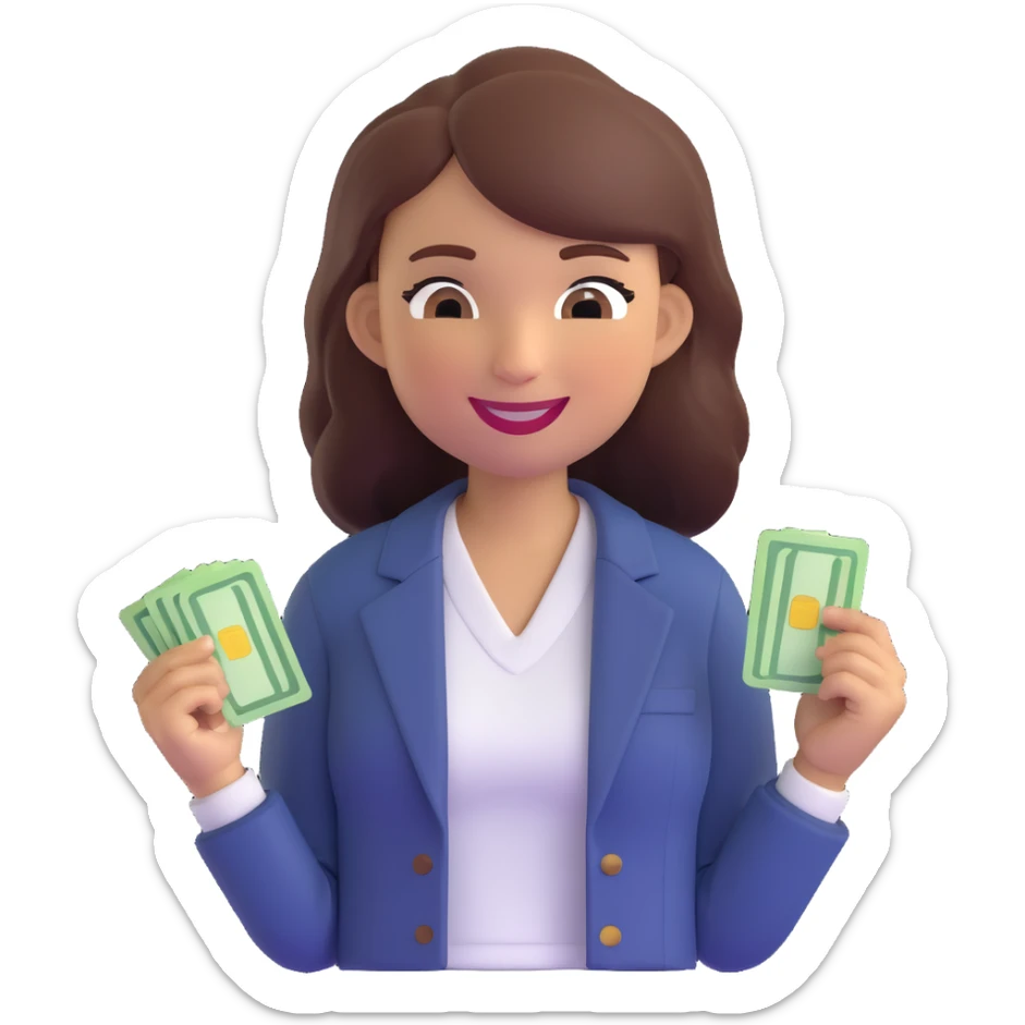 memoji of a beautiful girl with success and charisma, tired but happy expression, smiling with one eye half-closed, wearing a stylish but comfortable outfit like a T-shirt and blazer, holding a wad of cash or credit cards sticker