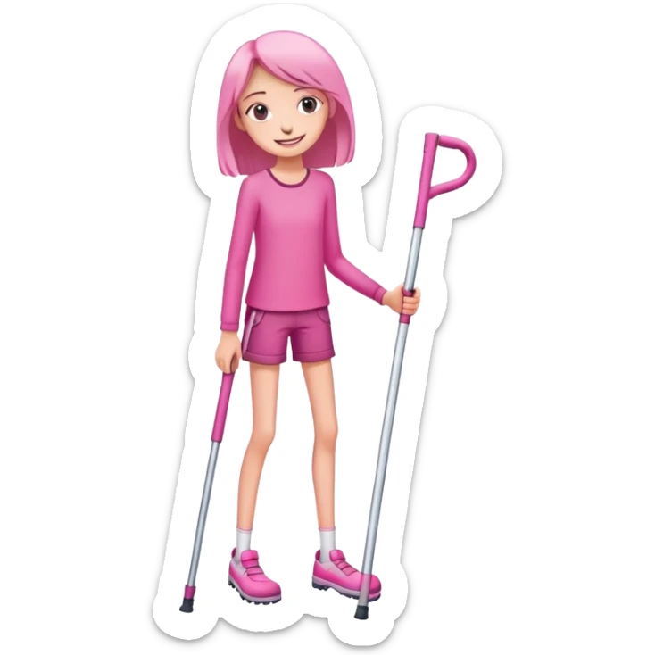 Skinny girl in pink crutches with a happy smile but tired eyes sticker