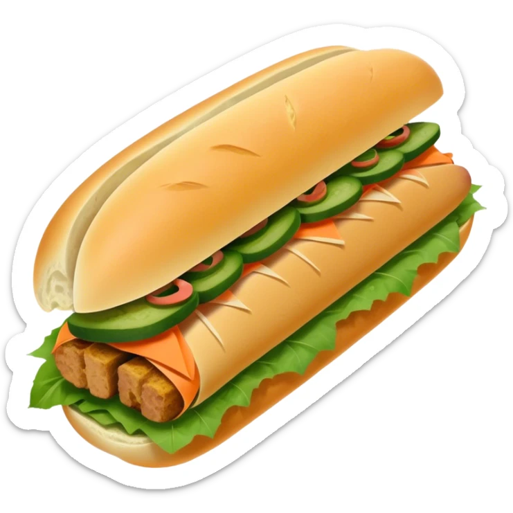 Cinematic Realistic B√°nh m√¨ Sandwich Dish Emoji, showcasing a crusty baguette filled with savory meats, pickles, and fresh herbs rendered with dynamic detail and appetizing lighting. sticker