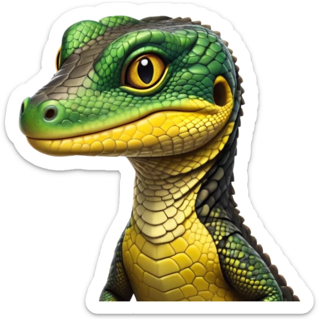 cinematic-realistic-cute-monitor-lizard-portrait-emoji,-head-tilted-playfully-and-inquisitively,-featuring-a-compact,-agile-body-with-finely-detailed,-glossy-scales-in-earthy-black and yellow-hues-and-a-distinct,-alert-face-with-bright,-curious-eyes, black , yellow spotted and green band  scales sticker