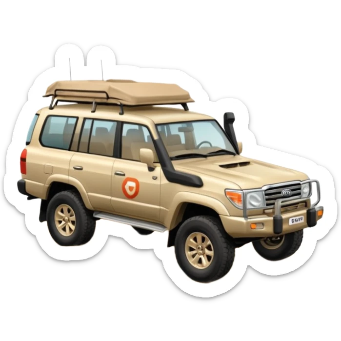 a 2007 Land Cruiser car driving on sand with the word 'Doha' above it in emoji style sticker