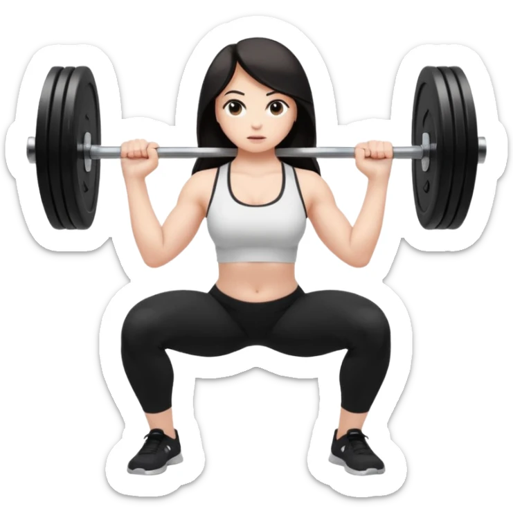 Девушка белокожая, с длинными темными волосами, в одежде для йоги - черные лосины, белый топ, делает присед со штангой 100 килограмм на плечах, вид сбоку , правильные пропорции тела, только человек sticker