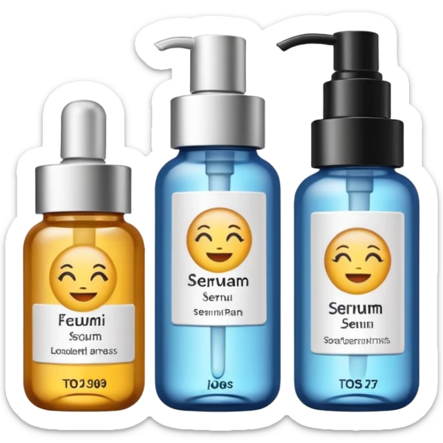emoji of three beauty products (tube, serum, jar), with luxury labels, minimalistic but luxury design (realistic) sticker