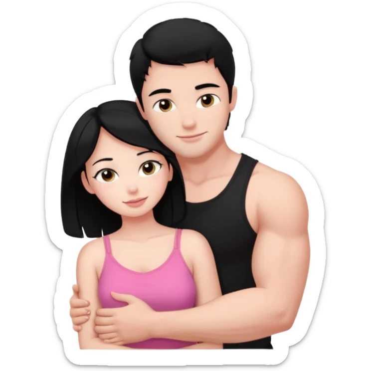 a pretty bratz fair girl. black hair, wearing a pink cami top, she is hugging a handsome fair guy with black hair. lean but muscular.the boy is wearing a black tshirt sticker