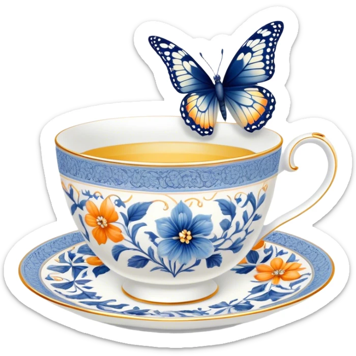 A delicate butterfly with navy wings, resting on the edge of a perl porcelain teacup adorned with intricate pastel blue floral patterns. sticker