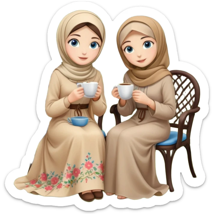 Turkish beautiful finish Konya girls blue eyes with Beautiful beige floral hijab long tail dress and the two friends in a lovely garden sits on the chair on the ground and holds cup coffe with her hand  sticker