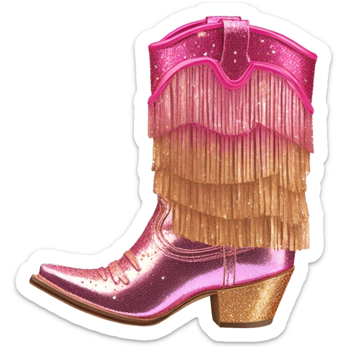 Realistic hot pink to rose gold ombre pair of fashion cowgirl boots with sparkly shiny glitter fringe on them. sticker