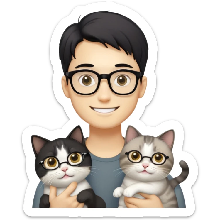 Young man with warm yellow-toned skin, long face, black back-length hair, large eyes, thin-rimmed square glasses, smiling gently while holding a grayish-white Munchkin cat with short legs and a gray patch under its mouth sticker