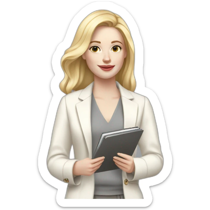 pale skin woman with blonde Straightened Hair to shoulders, White classical jacket, Gray Palazzo pants holding a color palette in the hands sticker