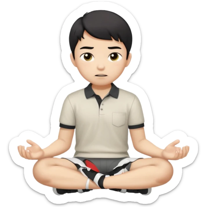 A cartoon young Asian boy with short black hair, light beige skin, and large expressive eyes, wearing a white polo shirt, gray pants, and black shoes. He sits cross-legged on the ground, one fist resting on his cheek, with a closed-mouth smirk. Clean lines, flat colors, solid black background. sticker