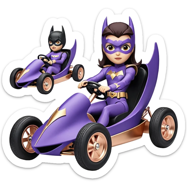 Hot full size real-appearance enclosed electric racing action BatGirl’s feminine midnight-colored tight outfit sixty’s tv show 1992 stealthy retro sporty safe plush petite off-road pursuit cruiser car rose gold accents (black hair,reclined and relaxed torso and shoulders seating position) go kart  sticker