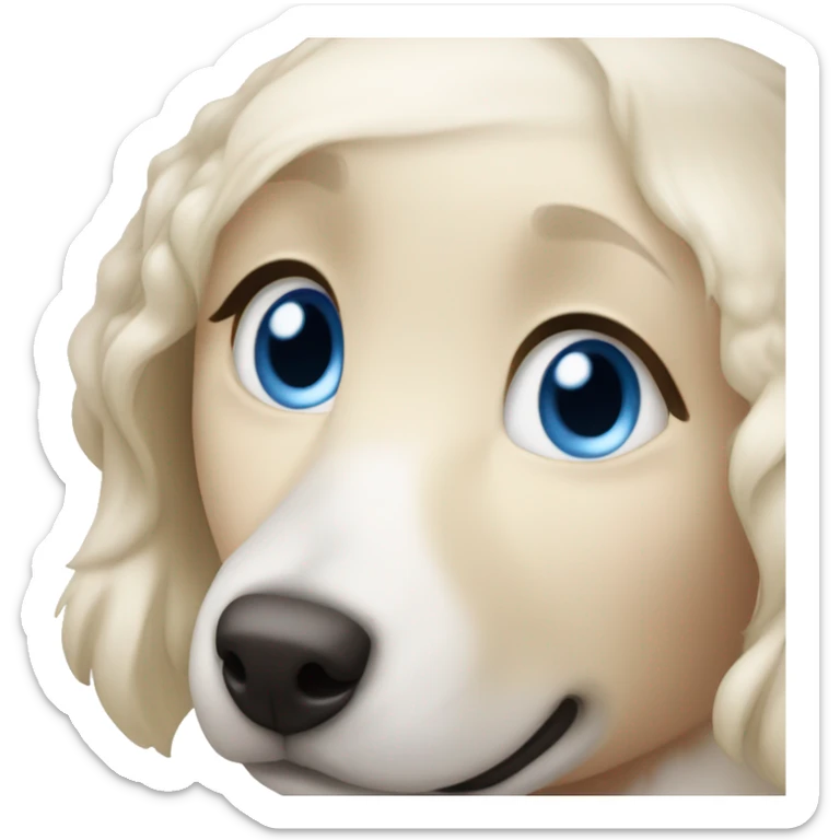 Blond girl with blue eyes cuddles a white Sheppard dog with brown eyes  sticker