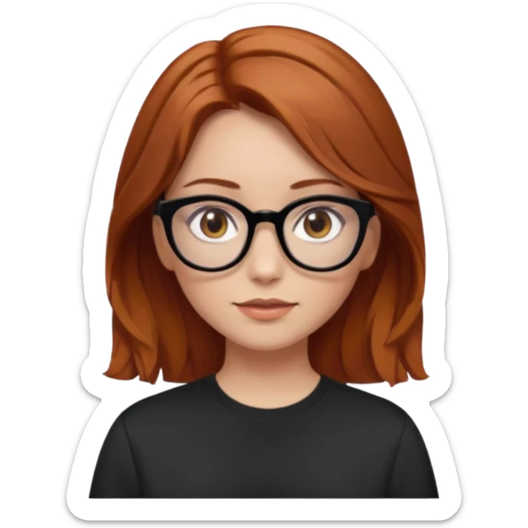 red-brown haired girl, middle length straight hair - wavy towards the ends, brown almond eyes, thick black glasses, oversized shirt sticker