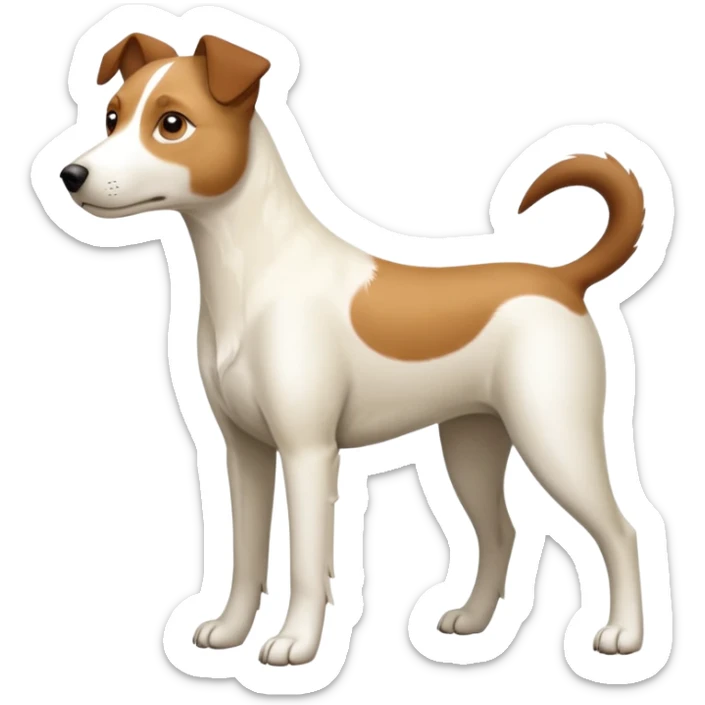 a full body large white parson russell looking dog the size of a kelpie with light brown flapped down ears and a light brown patch on one eye and a large snout sticker
