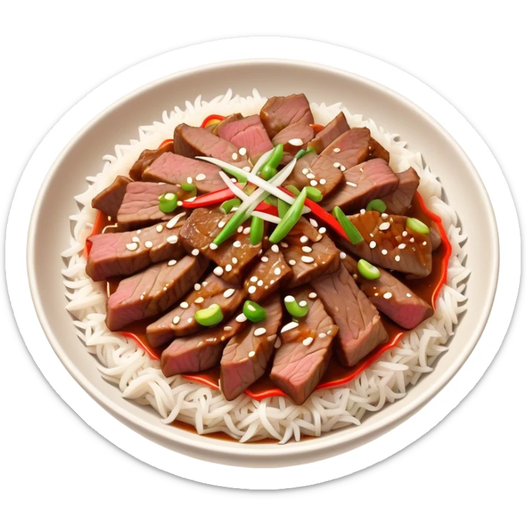 Bulgogi Cinematic Realistic Bulgogi Dish Emoji, depicted as thinly sliced, marinated beef stir-fried to perfection, rendered with dynamic textures and vibrant, appetizing lighting. sticker