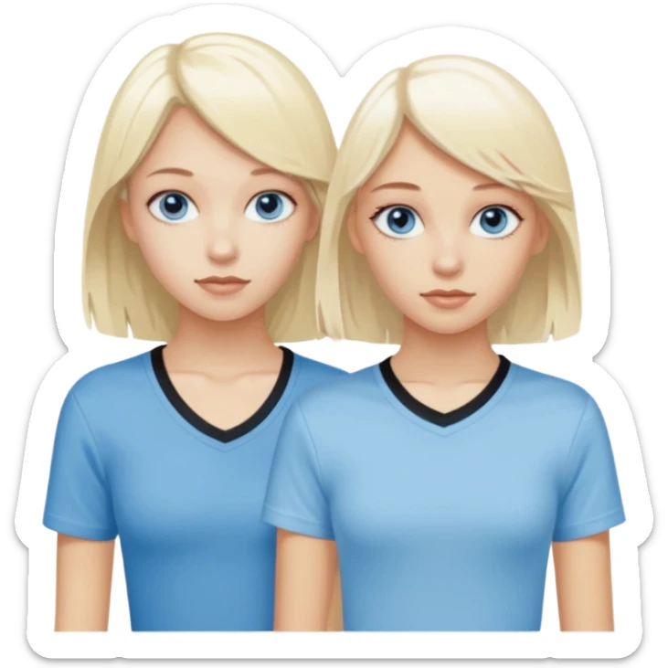 2 caucasian girls, one bleach blonde, then other a slightly darker shades of blonde. both grayish blue eyes. lighter blonde has a skater-y2k aesthetic and the dark blonde has a y2k-coquette aesthetic sticker