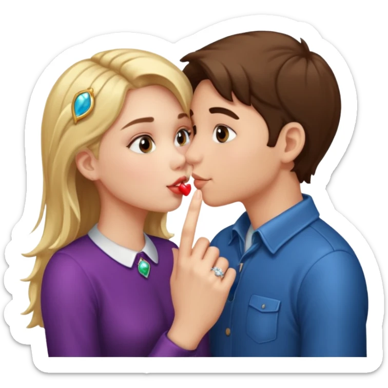 A boy and a girl kissing and the girl has a shiny BIG ring on her finger sticker