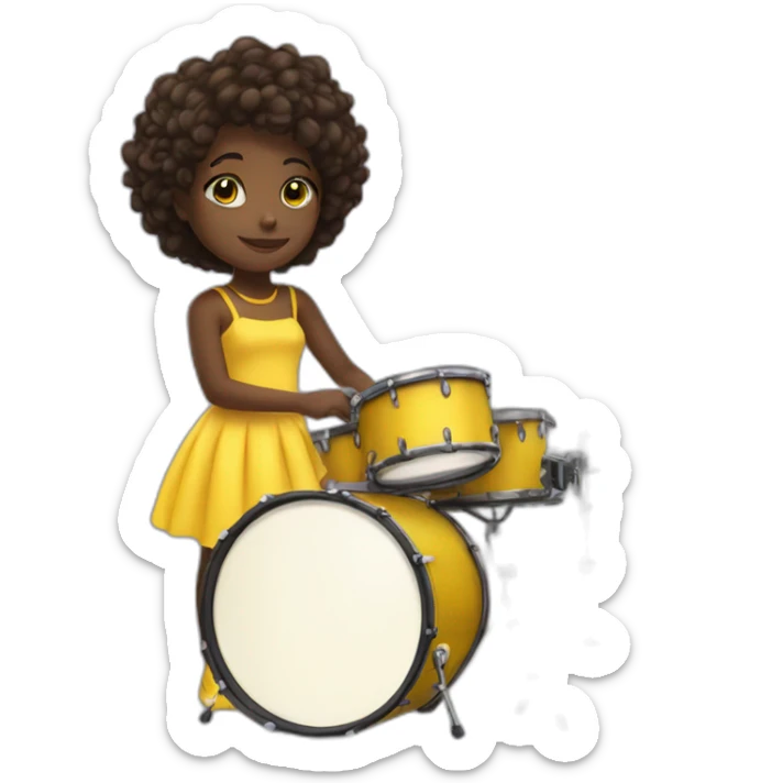 cute girl in yellow dress dark skin with yellow eyes and dark curvy hairs plays on drums sticker