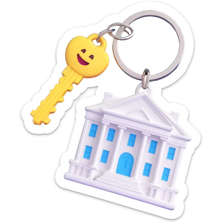 white keychain with a house-shaped key fob, 3D Emoji style, pure white color, soft shadows and highlights, transparent background, no decoration, angled view sticker