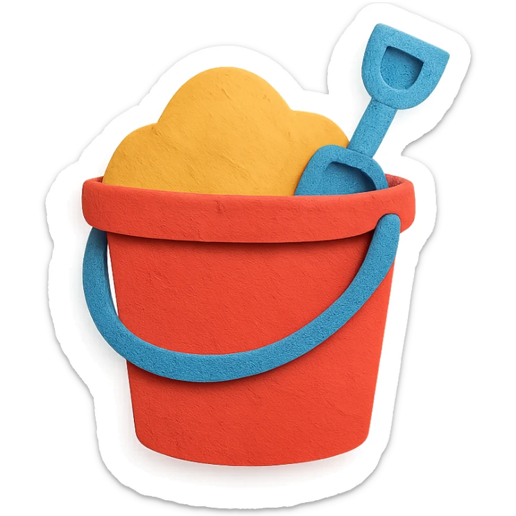 beach bucket and pail with sand and a small shovel, bright colors, in paper-craft style sticker