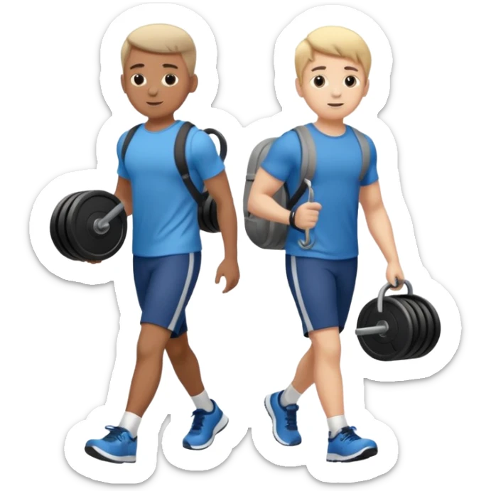 two boys walking, wearing gym clothes and carrying gym equipment, full body sticker