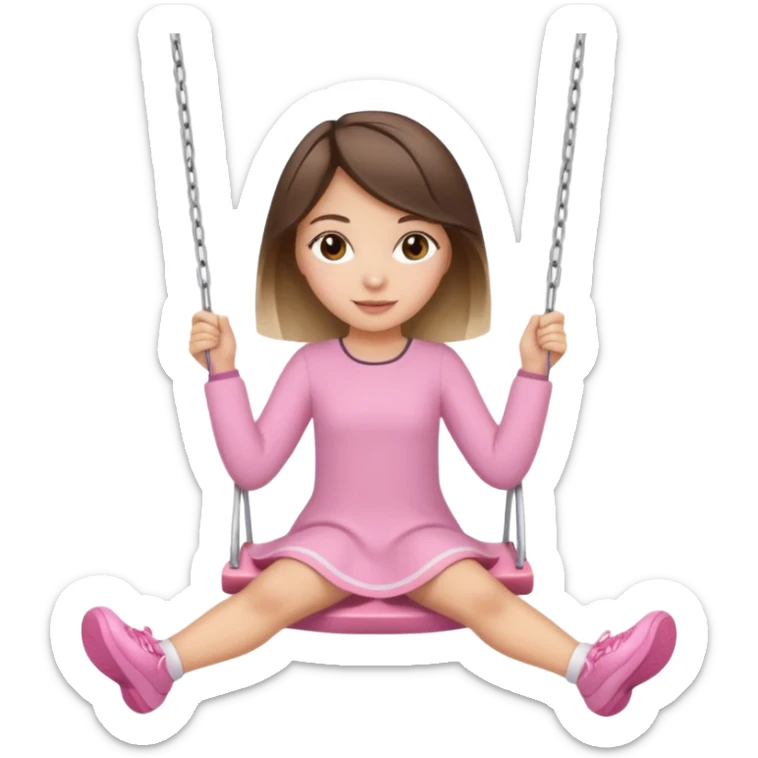 girl with medium length brunette hair with blonde highlights and brown eyes wearing light pink and is swinging sticker