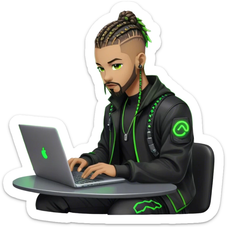Light skinned African American male with green eyes as a cyberpunk hacker with cornrows hairstyle but short cornrows  with goatee facial hair  coding on laptop  sticker