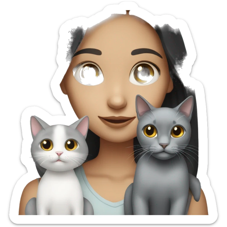 White skin girl with dark hair holding one gray cat & one white cat sticker