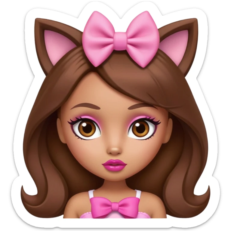 Bratz doll character with brown hair, pink bow, big lips, and foxy eyes sticker