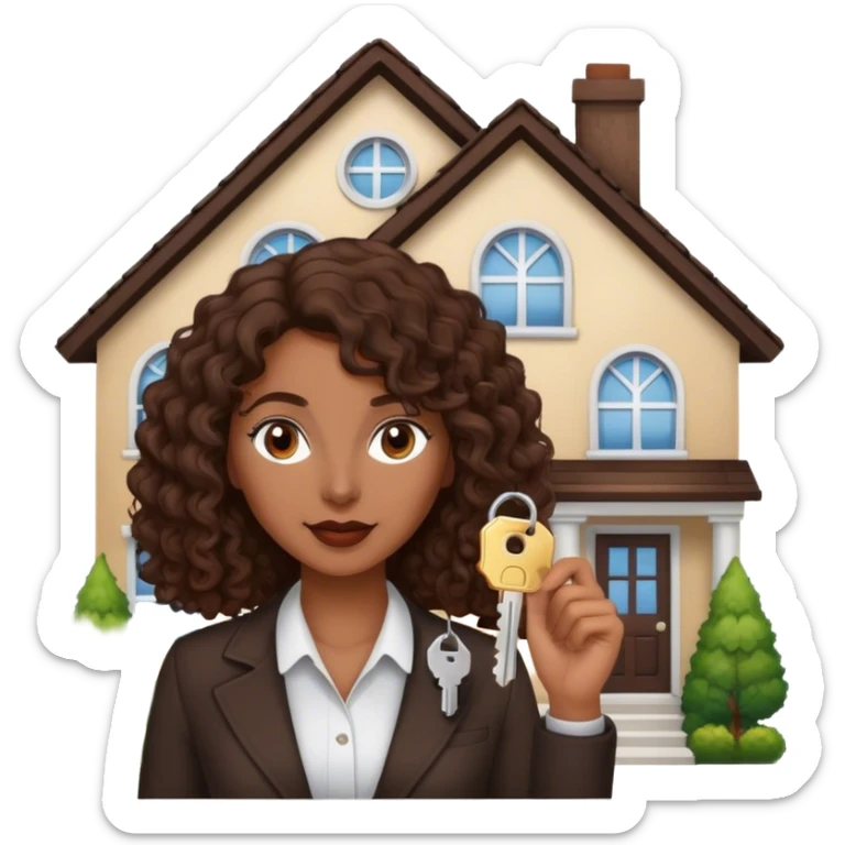 Dark brown lady with medium brown mid length curly hair in real estate job with house and keys sticker