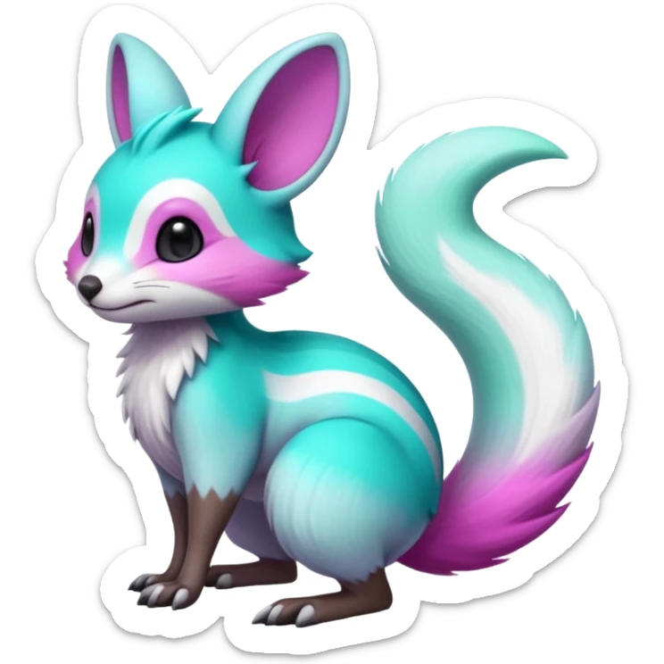 Iridescent Neon Green-Cyan-Magenta-gradients Minccino-Emolga-Numbat-Sergal-fusion-hybrid-animal-creature, full body sticker