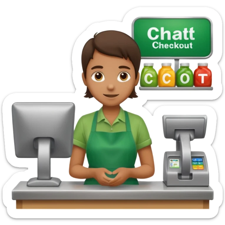 Eine Person wartet an einer Supermarktkasse. Die Kasse ist beschriftet als "Plauderkasse" und im grünen Design. sticker