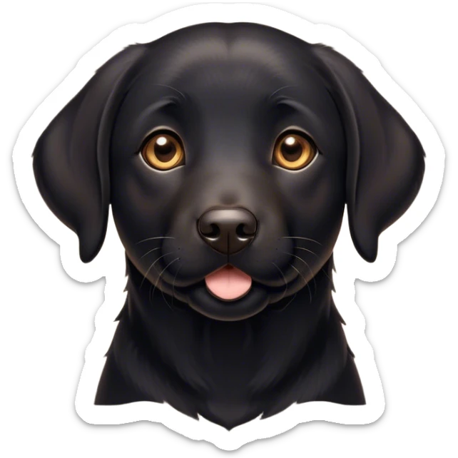 Cinematic Cute Black Labrador Portrait Emoji, Head tilted playfully and inquisitively, featuring a glossy black Fur with a healthy sheen, round, sparkling brown eyes filled with curiosity, Simplified yet irresistibly adorable features, highly detailed, glowing with a warm, friendly glow, high shine, affectionate and spirited, stylized with a touch of whimsy, bright and endearing, soft glowing outline, capturing the essence of a mischievous yet loving companion, so playful it feels like it could dash out of the screen and into your arms! sticker