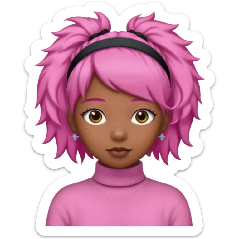 black fluffy haired girl with pink turtleneck sweater and pink hair band sticker