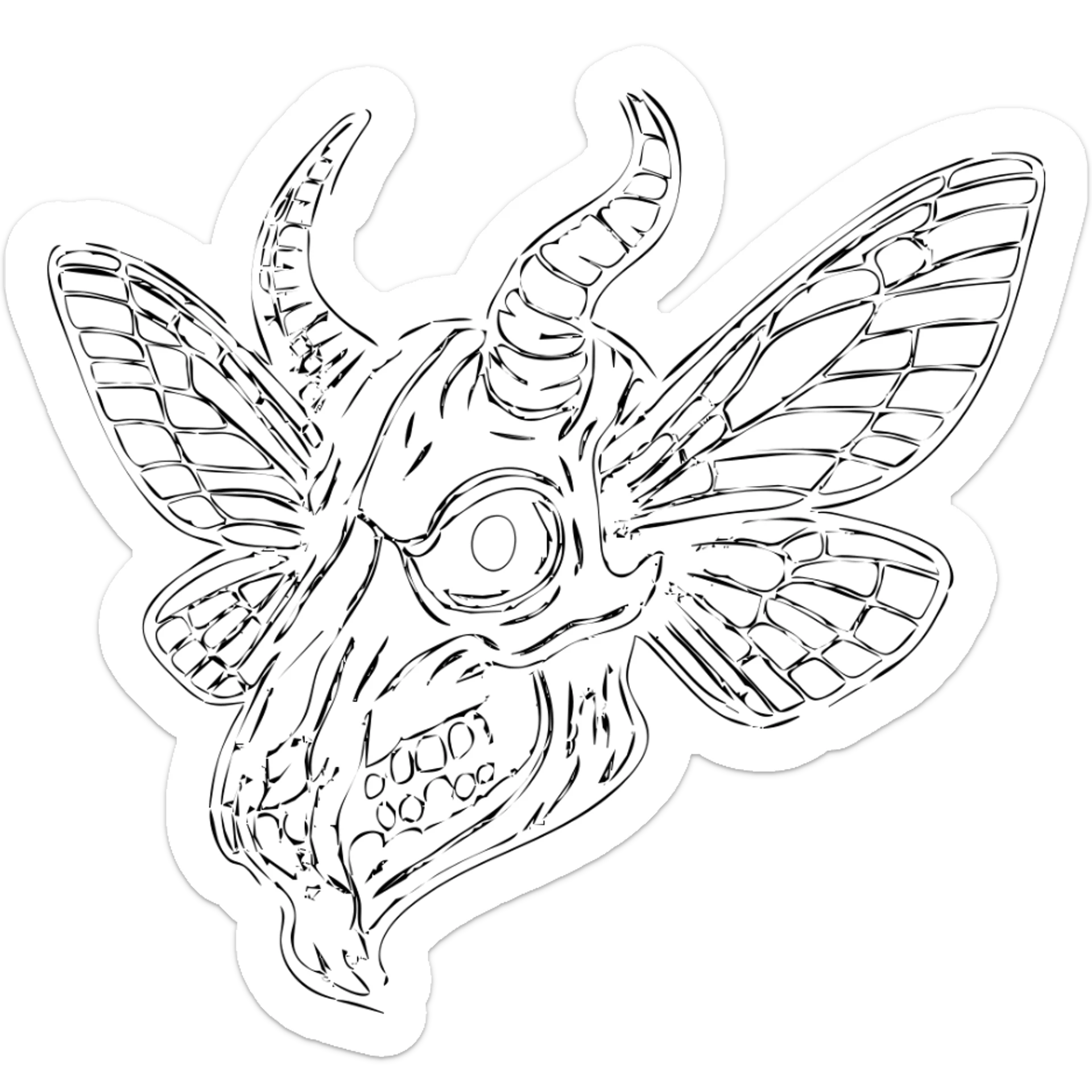 detailed but heavily distressed red line art of twisted minotaur-stoat skull hybrid with broken horn and glaring eye, intricate deteriorating moth wings, complex bone textures, asymmetrical features, extensive weathering with scratches and eroded sections, some transparent areas amid detailed horror elements, unnerving and ancient appearance, 100% red sticker