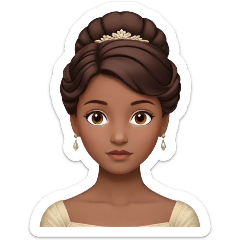 Cinematic Emma Darcyn Realistic Portrait, depicted with lifelike skin texture, subtle rosy undertones, and soft natural lighting that enhances the gentle contours of her face. Her intricately detailed brown hair is elegantly styled in an updo, sticker