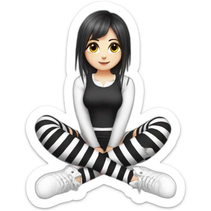 Frontal view curvy emo girl sits white skirt striped stockings hands up sticker