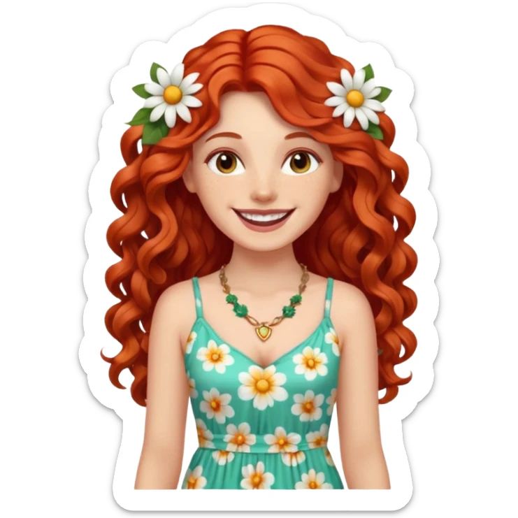 white girl, long curly red hair, maxi dress, flower necklace, big bright smile sticker